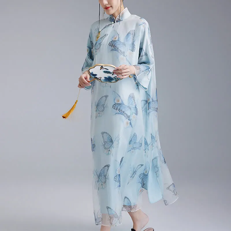 Buddha Stones 100% Mulberry Silk Organza Blue Butterfly Print Qipao Cheongsam Dress