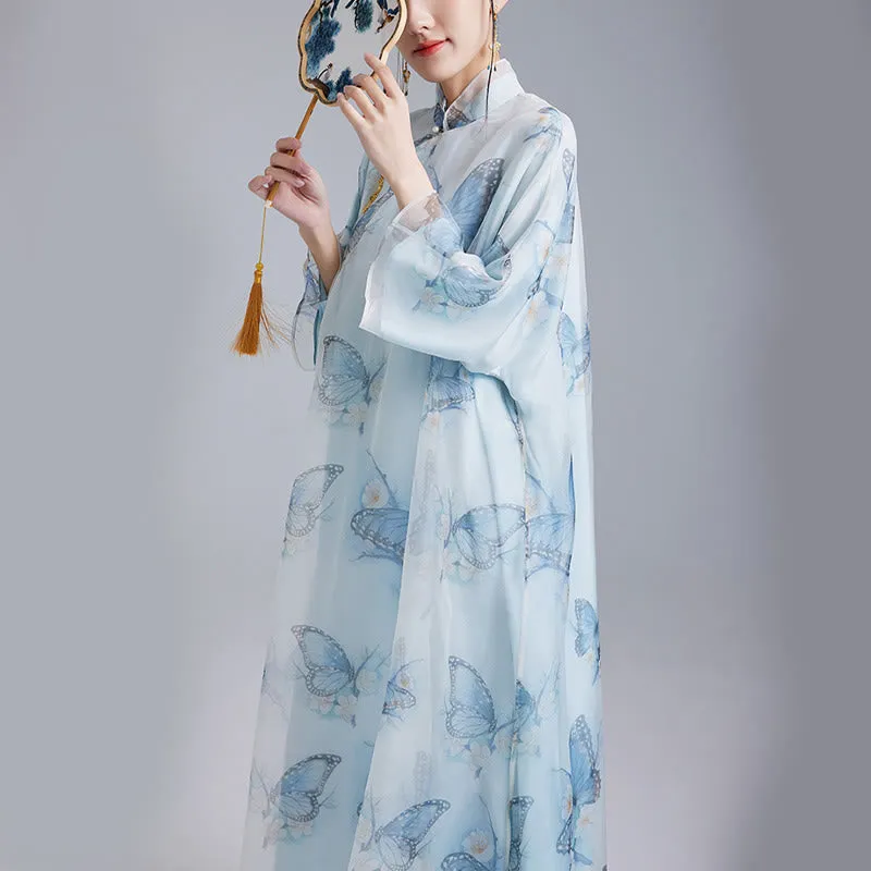 Buddha Stones 100% Mulberry Silk Organza Blue Butterfly Print Qipao Cheongsam Dress
