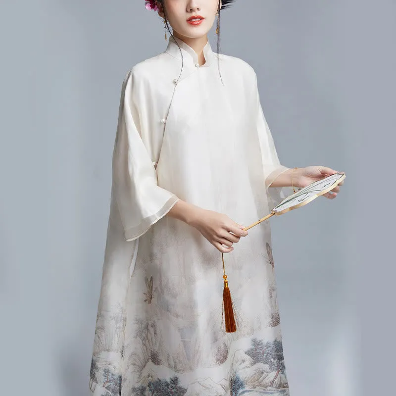 Buddha Stones 100% Mulberry Silk Organza Mountain Tree Butterfly Print Qipao Cheongsam Dress