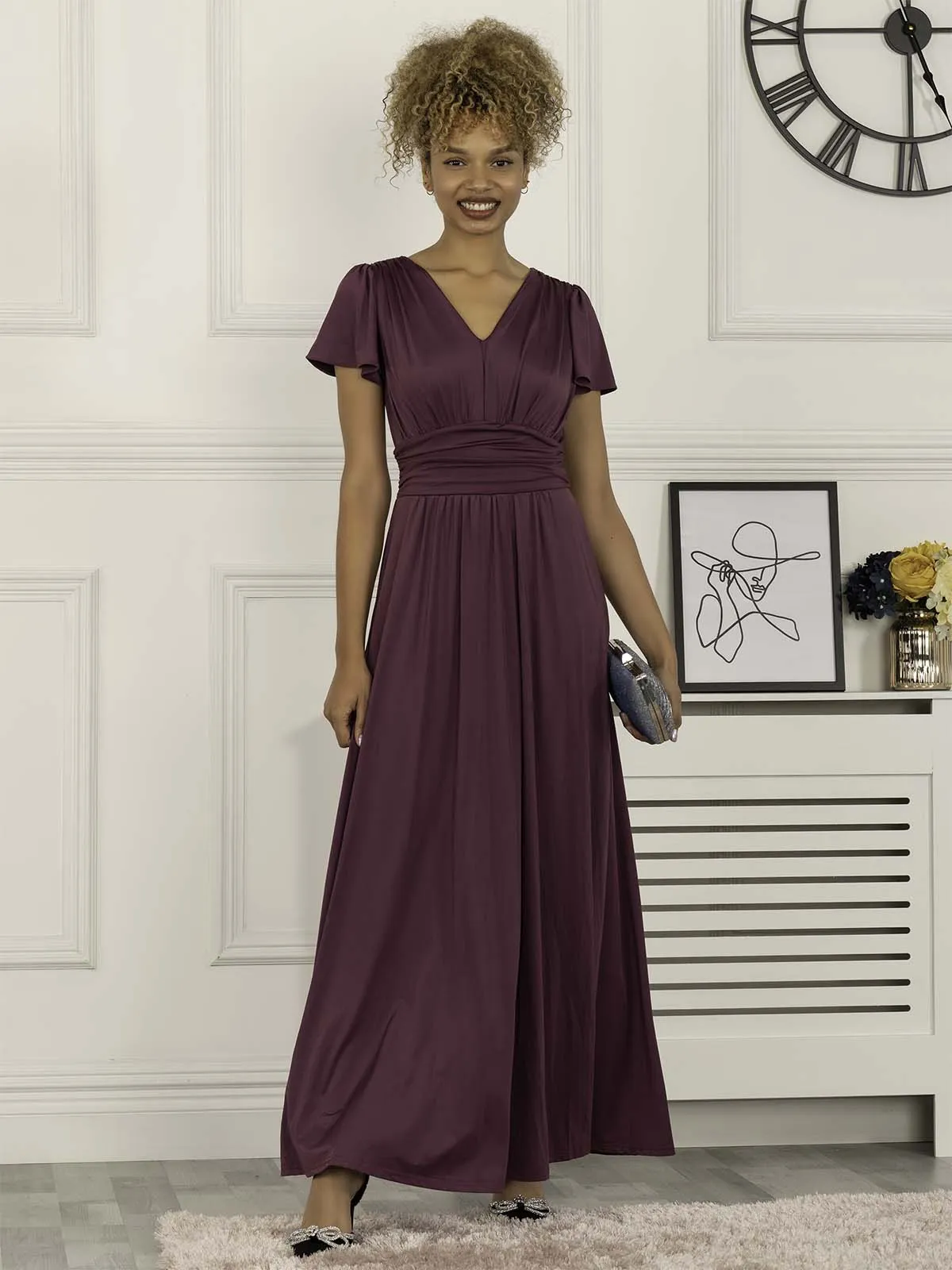 Cap Sleeve Jersey Maxi Dress , Dark Purple