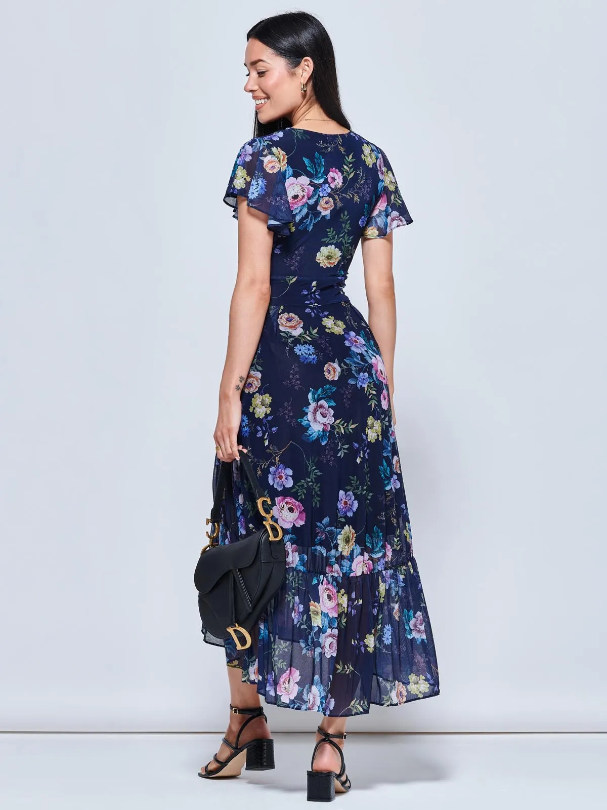 Carleigh Printed Mesh Tiered Maxi Dress, Navy Floral