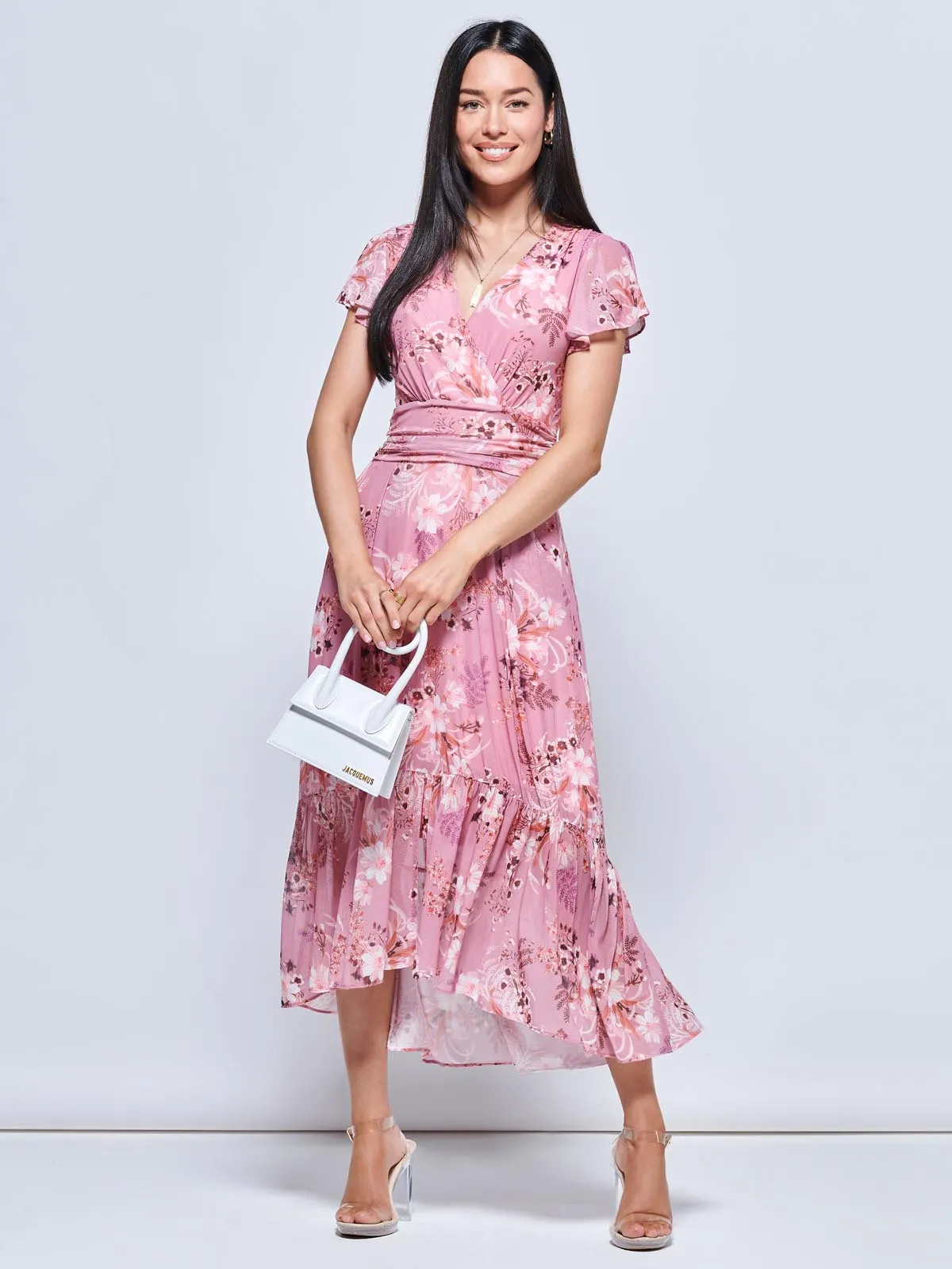 Carleigh Printed Mesh Tiered Maxi Dress, Pink Floral