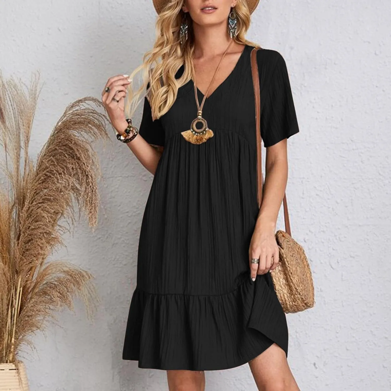 Casual Summer Dresses for Women 2025,Womens Summer Vacation Solid Color Sundresses with Sleeves Trendy Loose Beach Dress