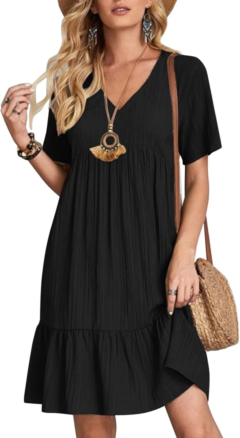 Casual Summer Dresses for Women 2025,Womens Summer Vacation Solid Color Sundresses with Sleeves Trendy Loose Beach Dress