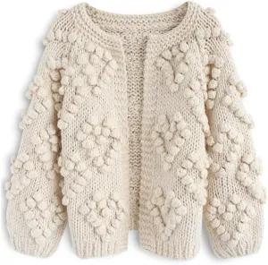 CHICWISH Women's Soft Heart Shape Balls Hand Knit Open Front Hot Pink/Ivory/Lavender/Pink/Army Green/Wine Cardigan