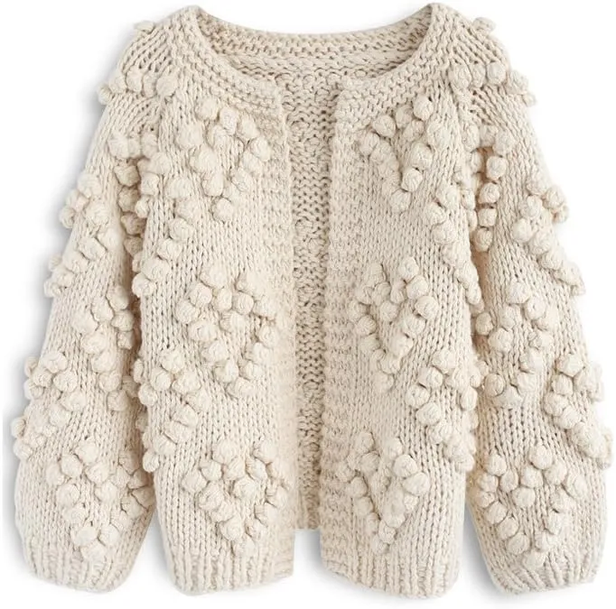 CHICWISH Women's Soft Heart Shape Balls Hand Knit Open Front Hot Pink/Ivory/Lavender/Pink/Army Green/Wine Cardigan