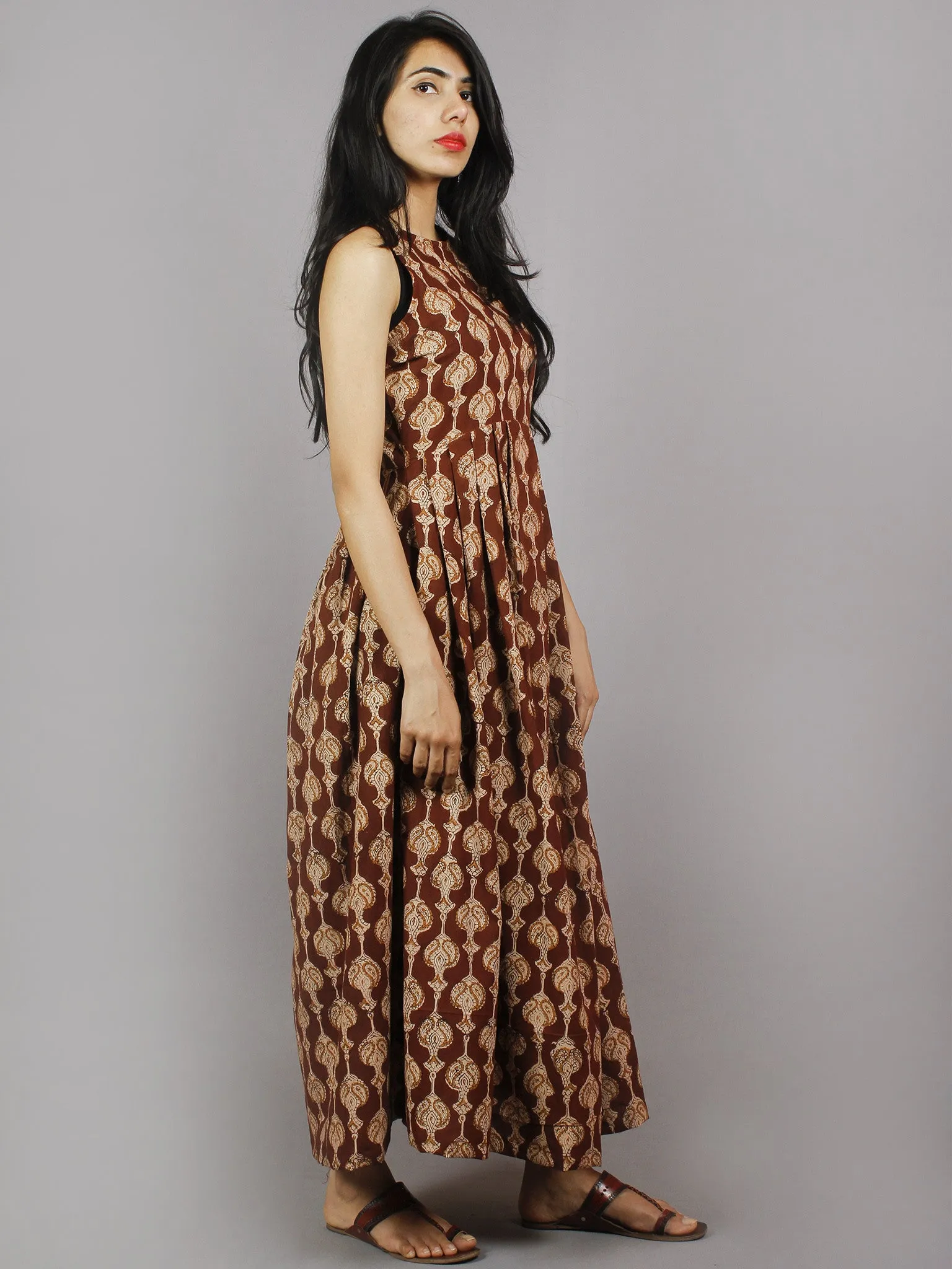 Chocolate Brown Beige Black Long Sleeveless Hand Block Printed Cotton Dress With Knife Pleats & Side Pockets - D3258201