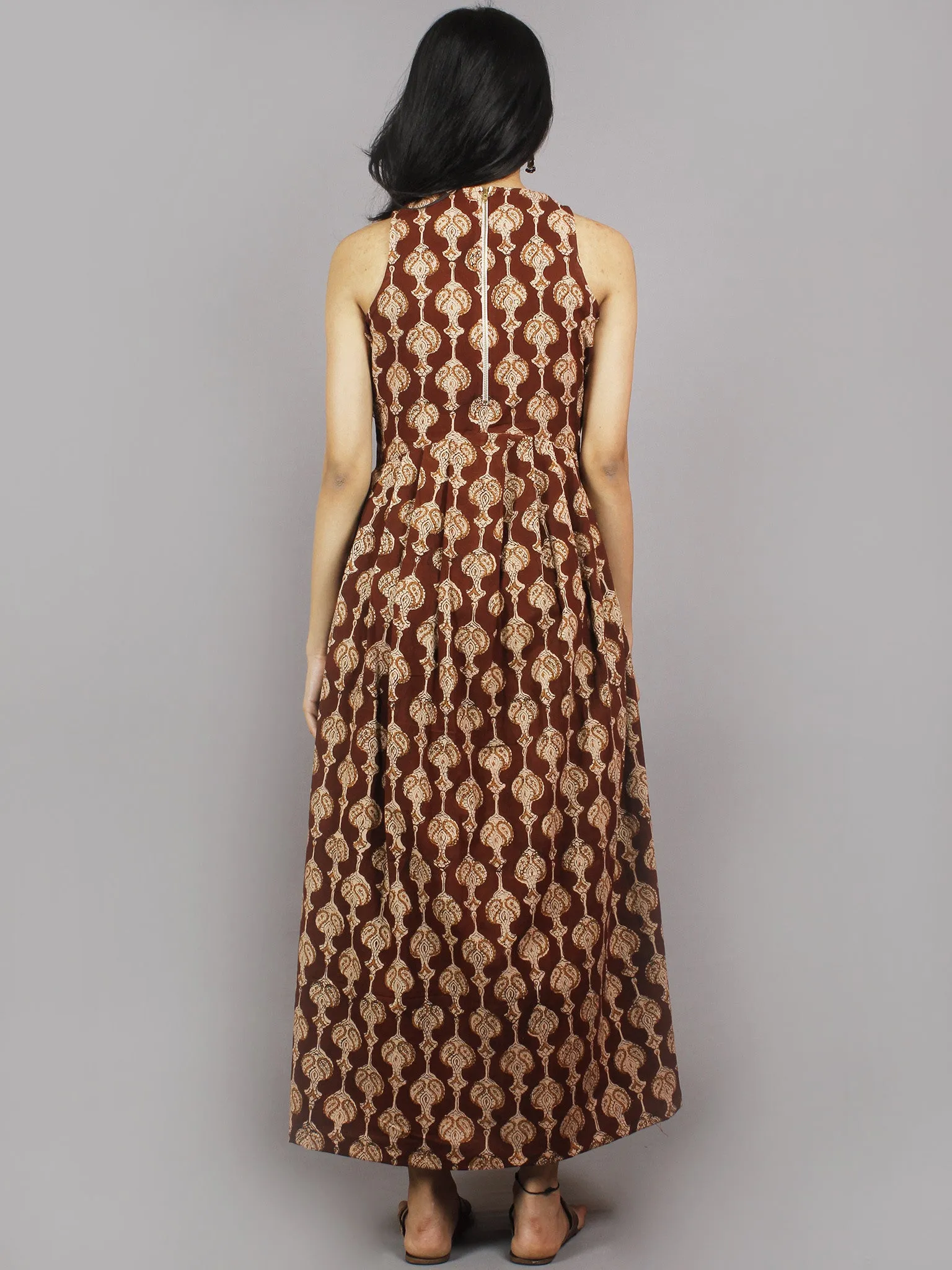 Chocolate Brown Beige Black Long Sleeveless Hand Block Printed Cotton Dress With Knife Pleats & Side Pockets - D3258201