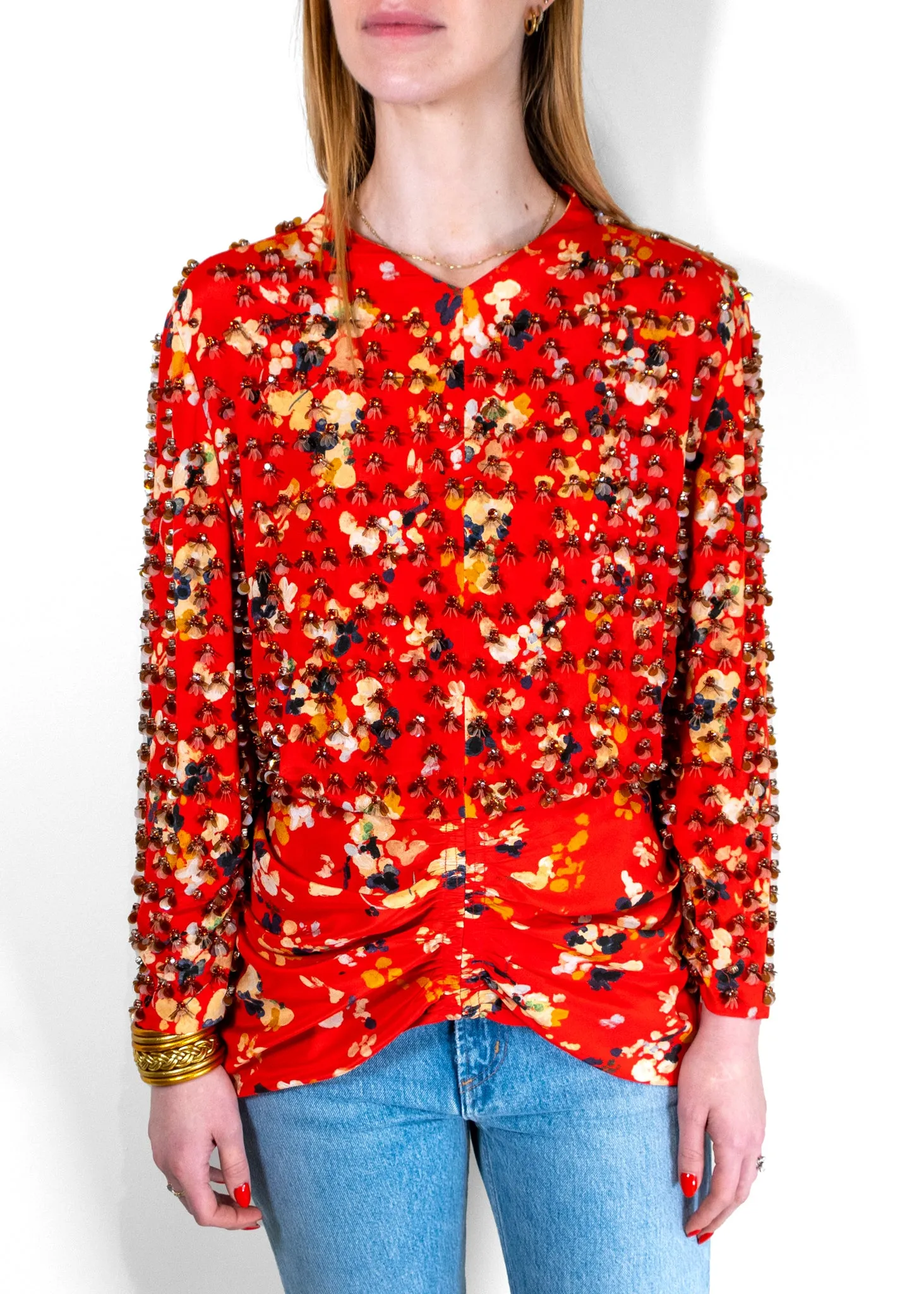 Christian Dior Printed Silk Top With Fantasy Pearls