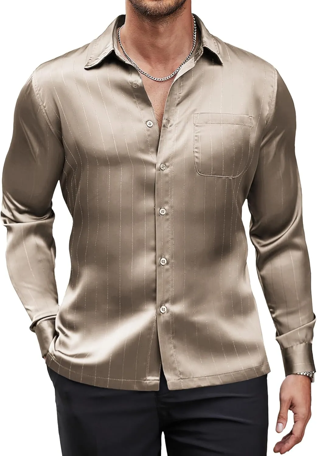 COOFANDY Mens Luxury Satin Dress Shirt Shiny Silk Long Sleeve Button Up Shirts Wedding Shirt Party Prom