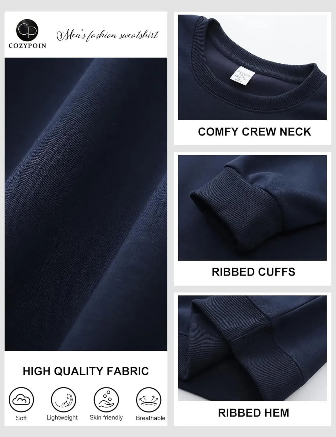 COZYPOIN Crewneck Sweatshirt for Men Long Sleeve Comfort Breathable Midweight Workout Casual Pullover Basic Sweatshirts