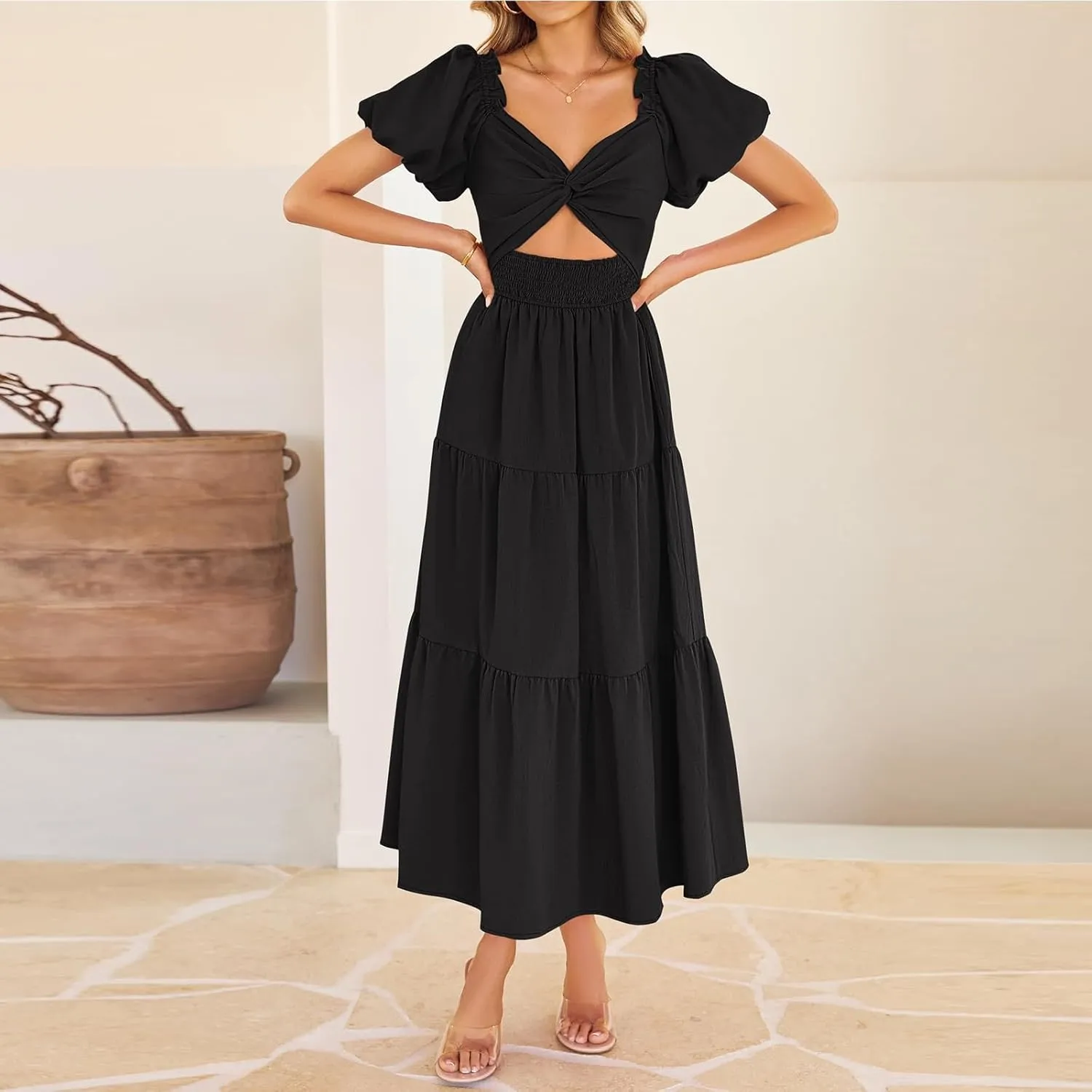 Cut Out Dress for Women 2025 Summer Boho Twist Knot Smocked Short Puff Sleeve Flowy A Line Vacation Beach Dress