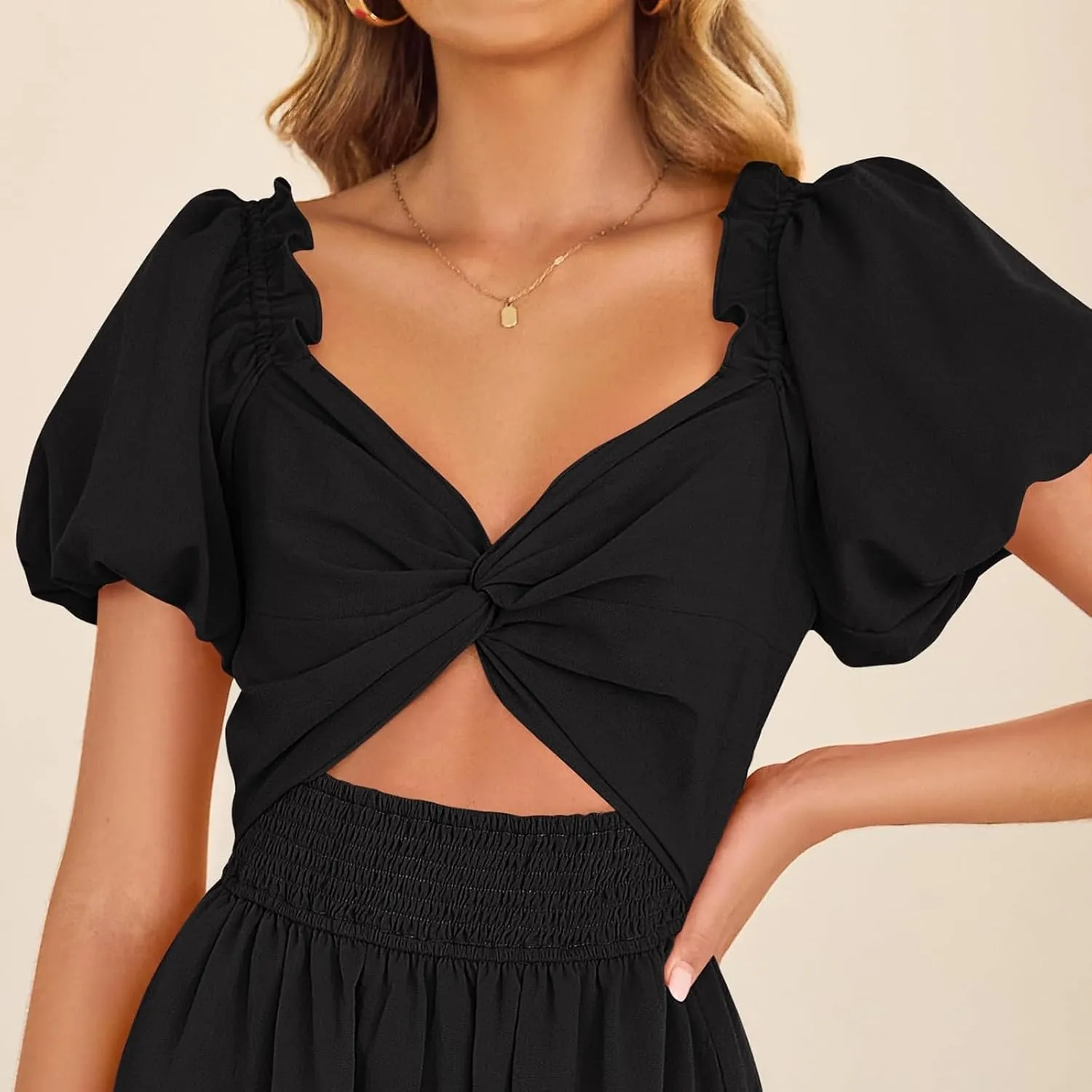 Cut Out Dress for Women 2025 Summer Boho Twist Knot Smocked Short Puff Sleeve Flowy A Line Vacation Beach Dress