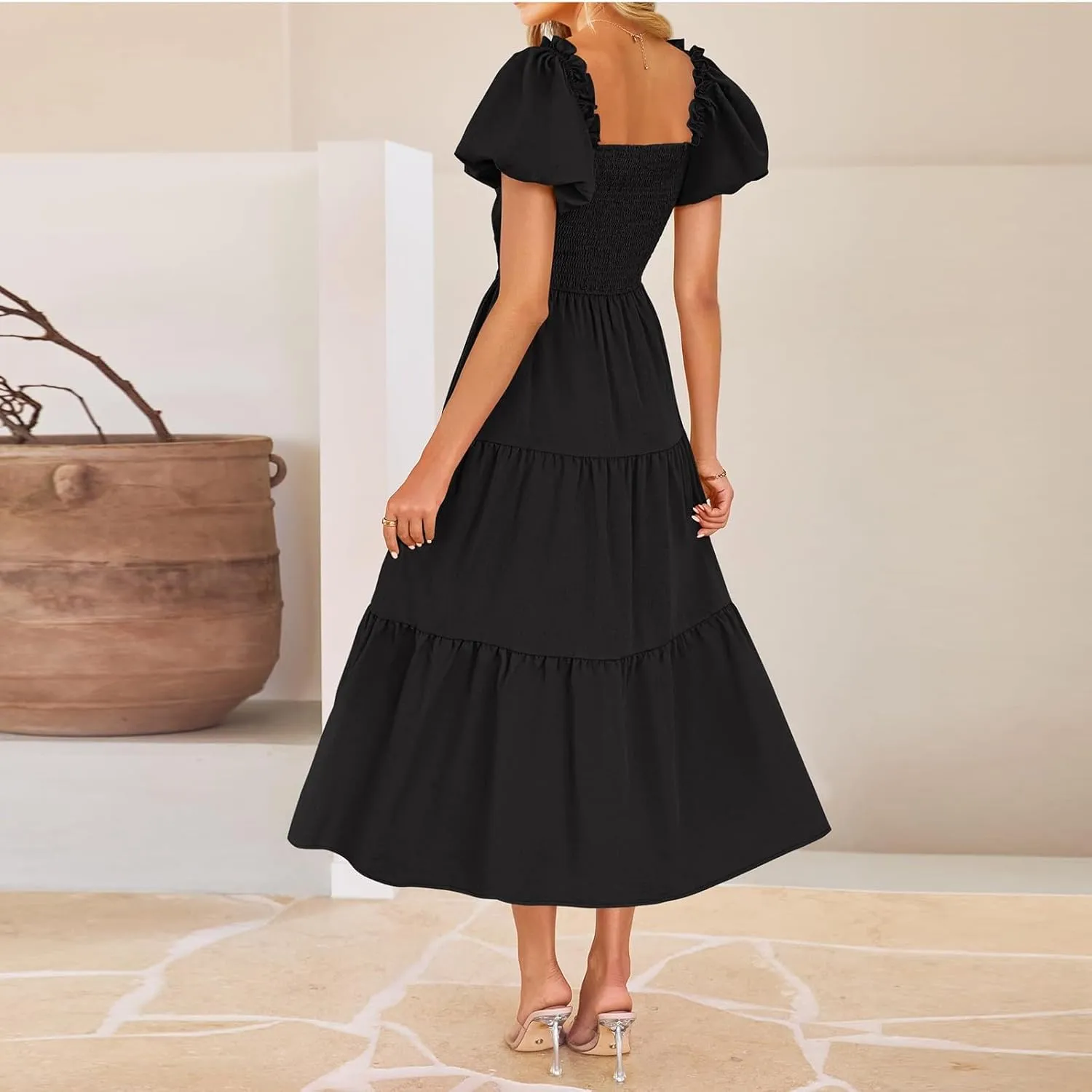 Cut Out Dress for Women 2025 Summer Boho Twist Knot Smocked Short Puff Sleeve Flowy A Line Vacation Beach Dress