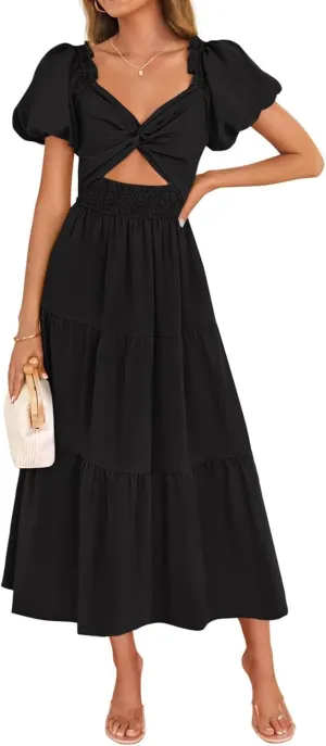 Cut Out Dress for Women 2025 Summer Boho Twist Knot Smocked Short Puff Sleeve Flowy A Line Vacation Beach Dress