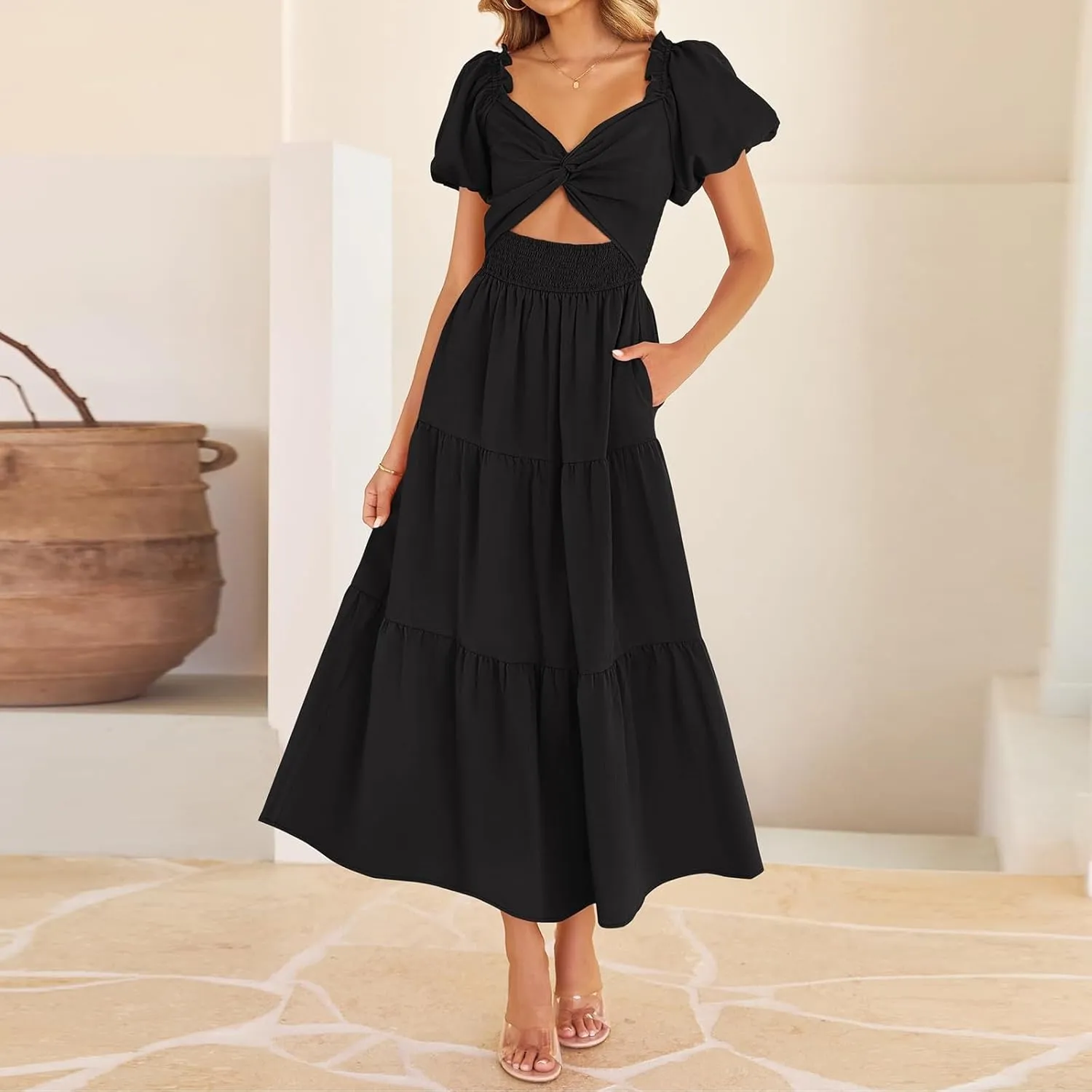 Cut Out Dress for Women 2025 Summer Boho Twist Knot Smocked Short Puff Sleeve Flowy A Line Vacation Beach Dress