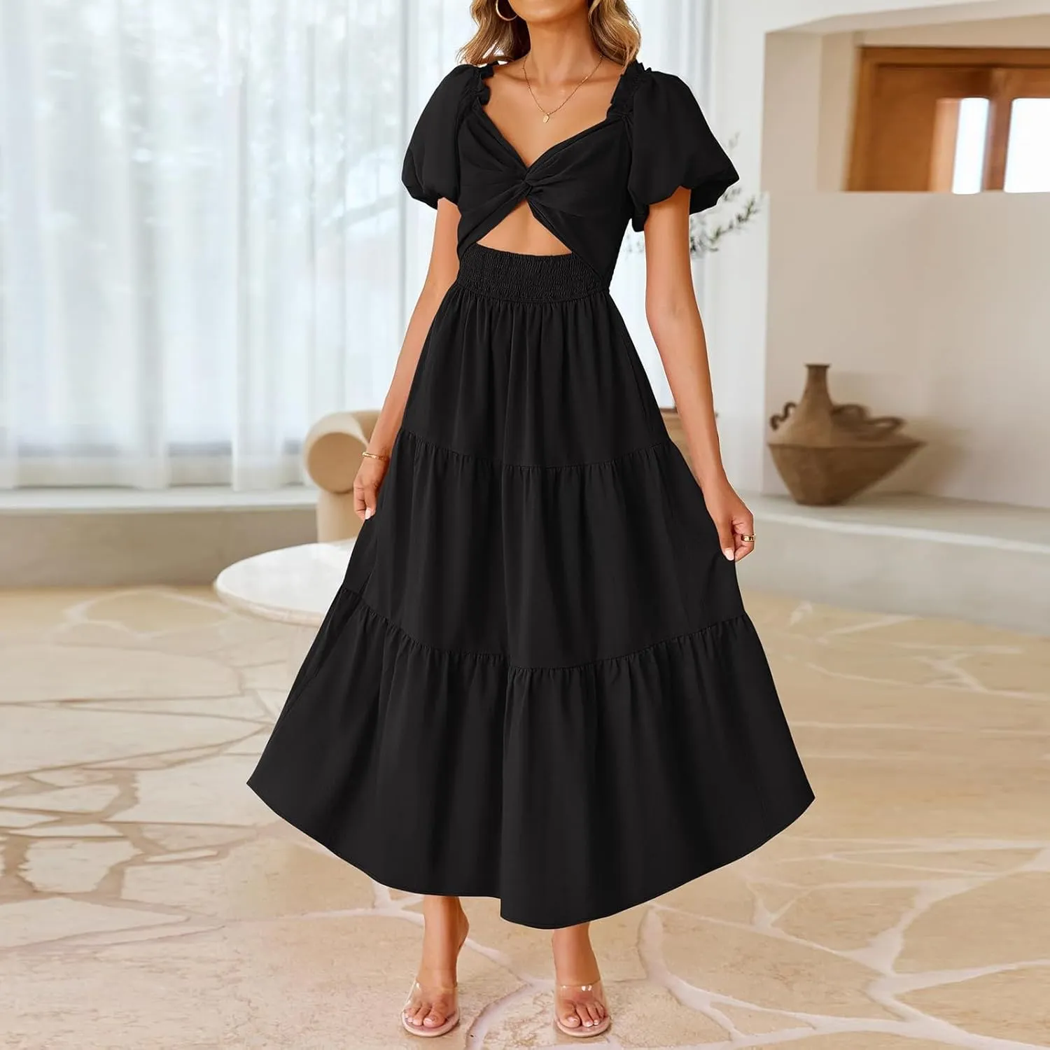 Cut Out Dress for Women 2025 Summer Boho Twist Knot Smocked Short Puff Sleeve Flowy A Line Vacation Beach Dress