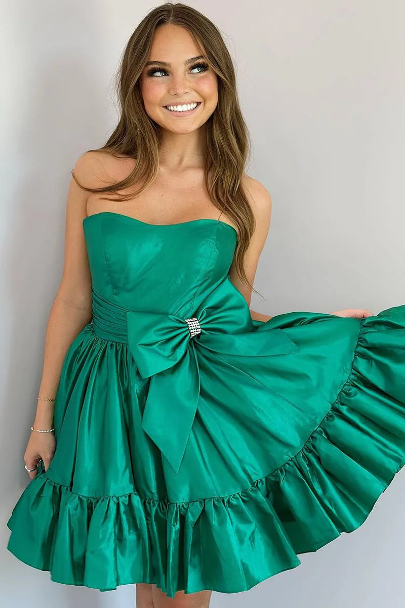 Cute A Line Strapless Green Satin Homecoming Dresses with Bow VK073128