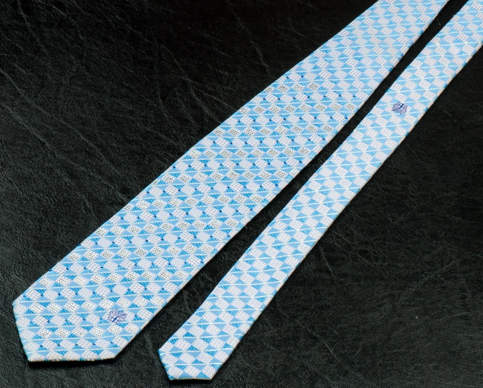 Daks Silk Neck Tie Blue & White Checks With Silver Highlights & Rhinestones