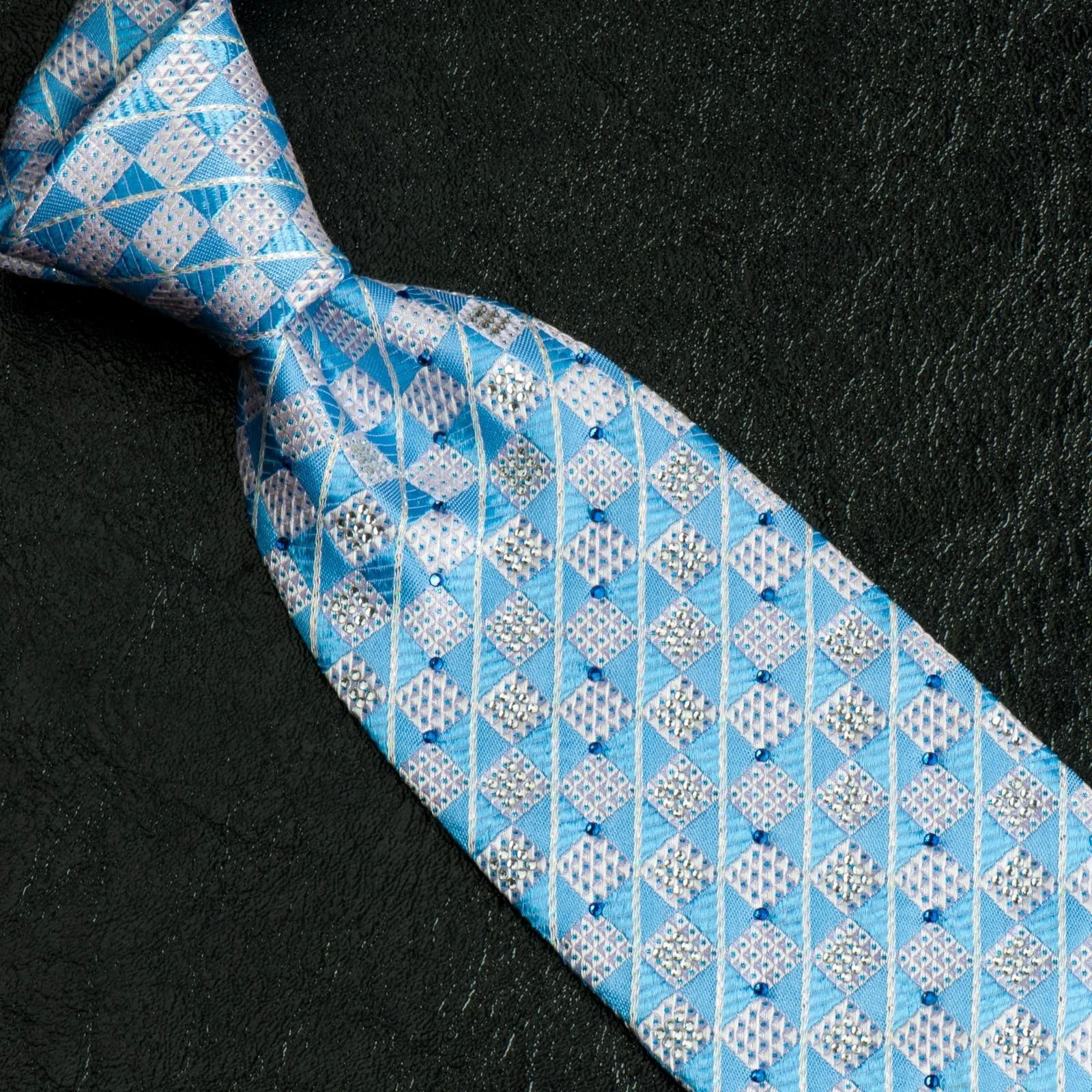 Daks Silk Neck Tie Blue & White Checks With Silver Highlights & Rhinestones