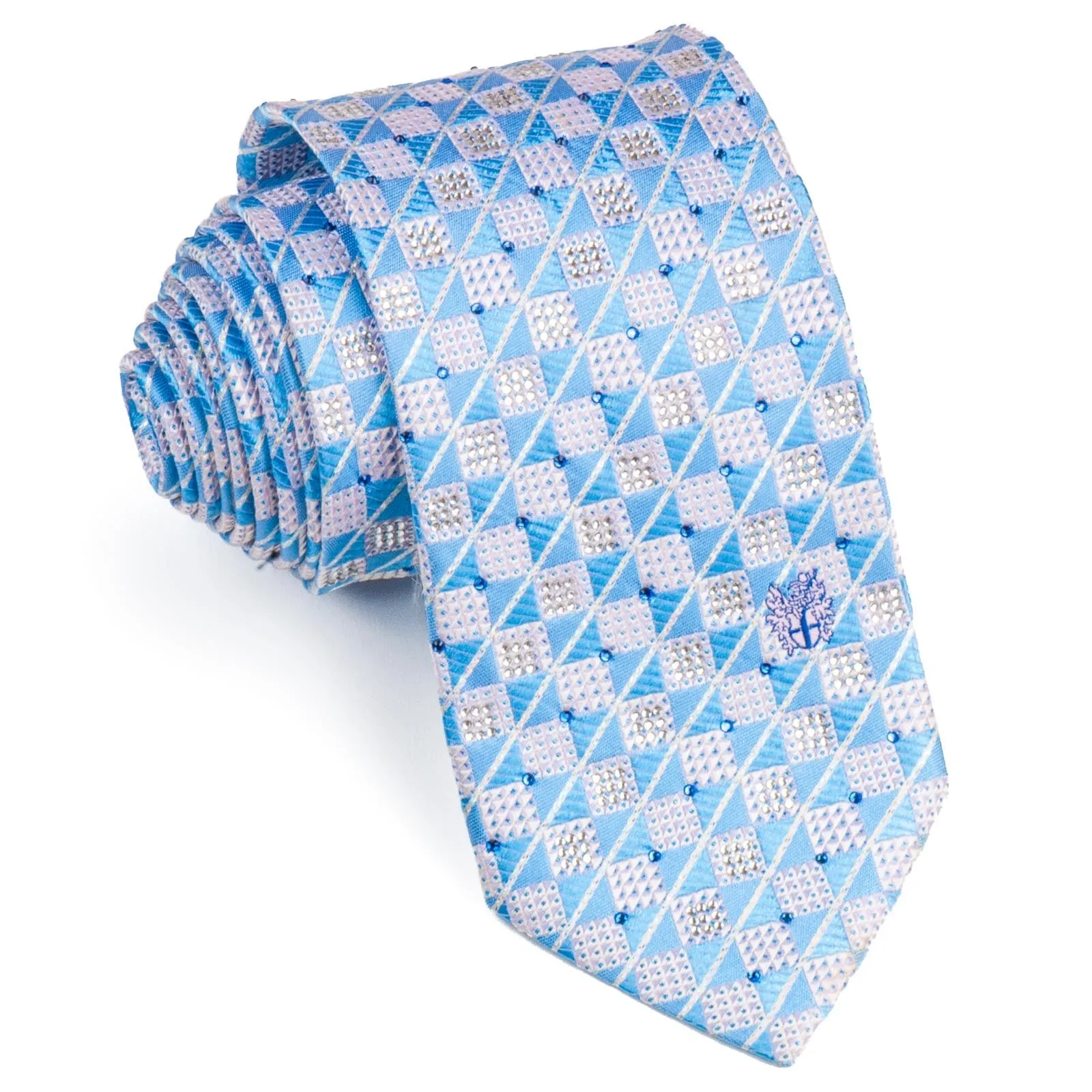 Daks Silk Neck Tie Blue & White Checks With Silver Highlights & Rhinestones