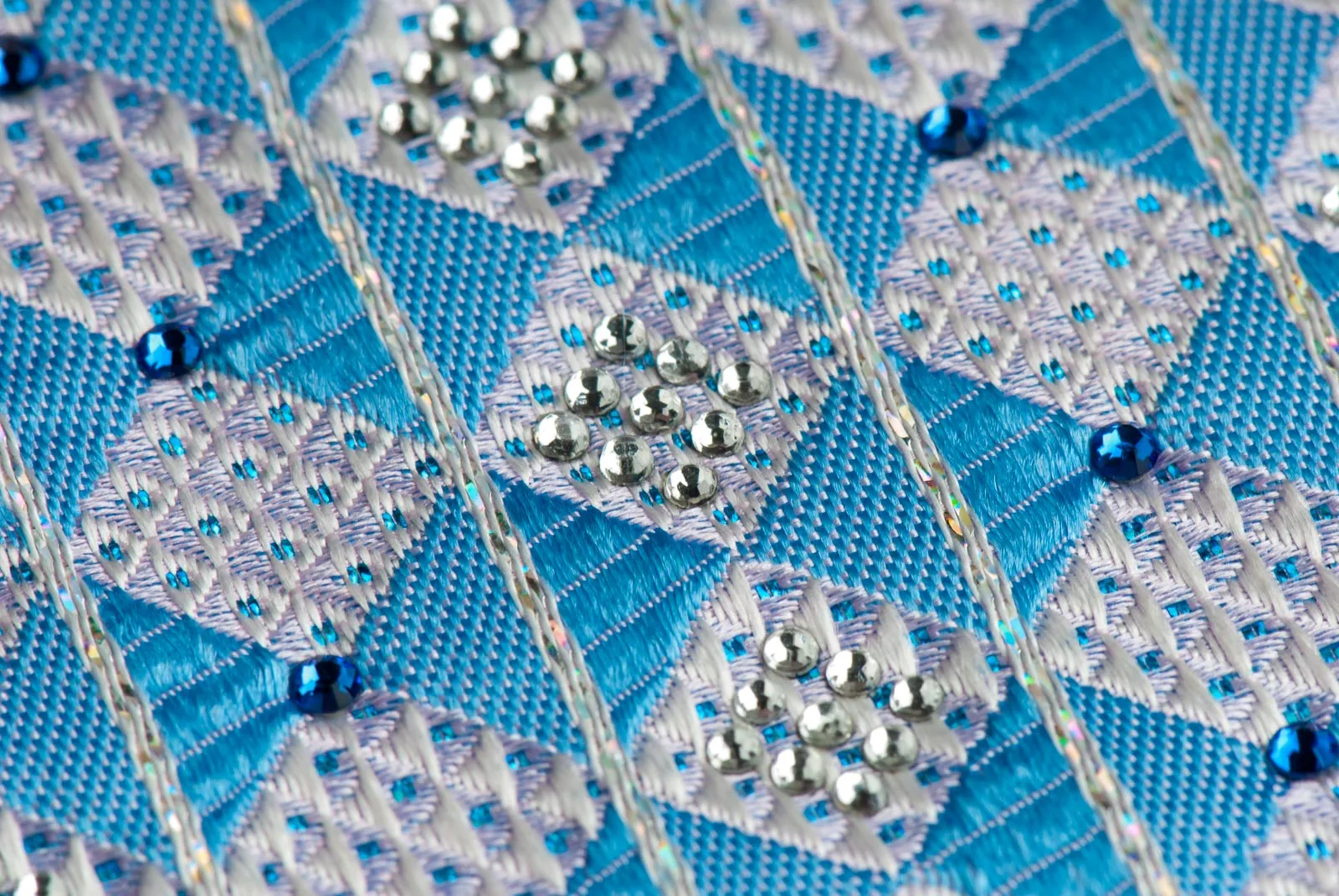 Daks Silk Neck Tie Blue & White Checks With Silver Highlights & Rhinestones