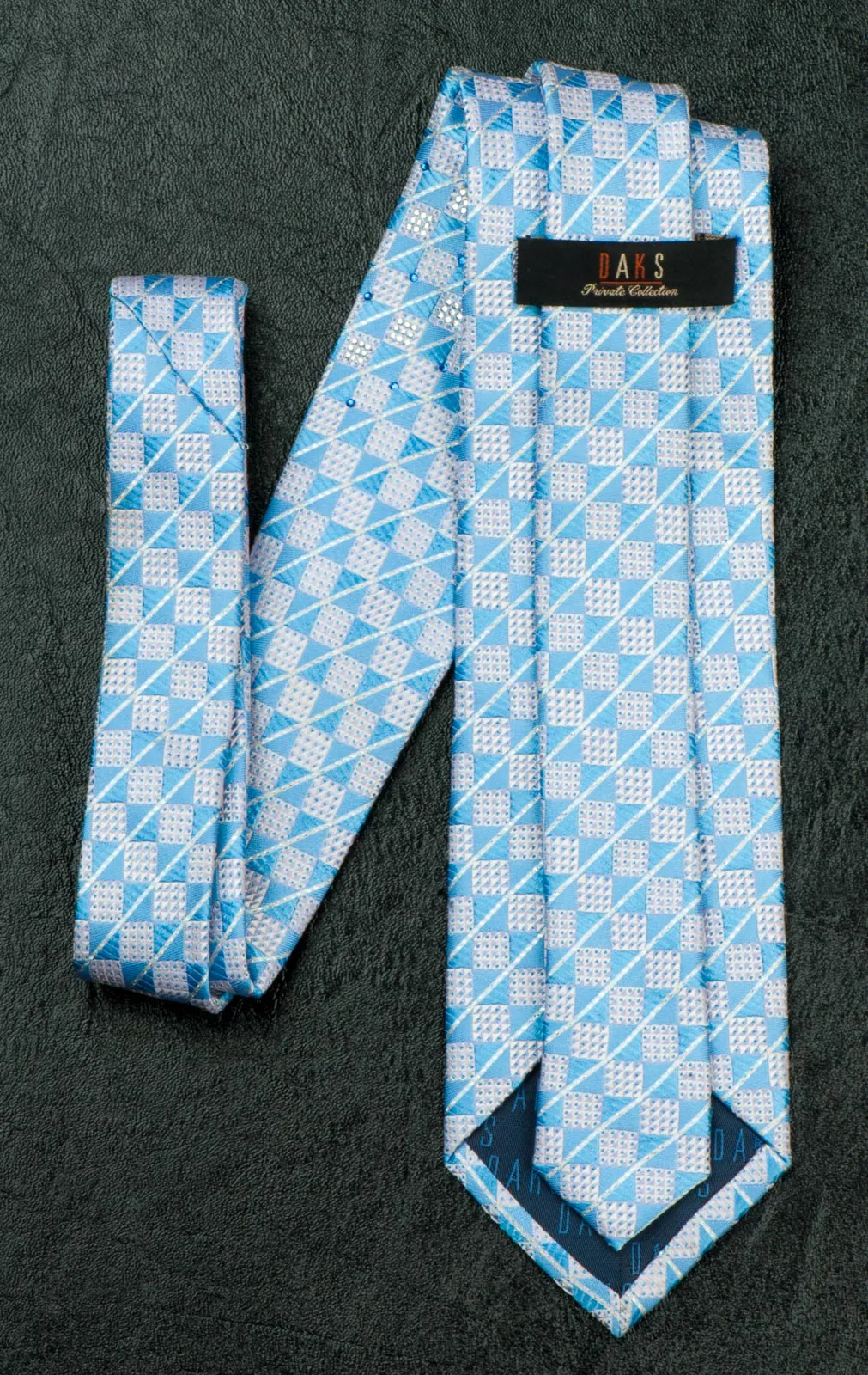 Daks Silk Neck Tie Blue & White Checks With Silver Highlights & Rhinestones