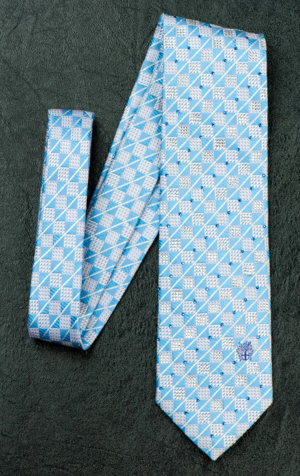 Daks Silk Neck Tie Blue & White Checks With Silver Highlights & Rhinestones