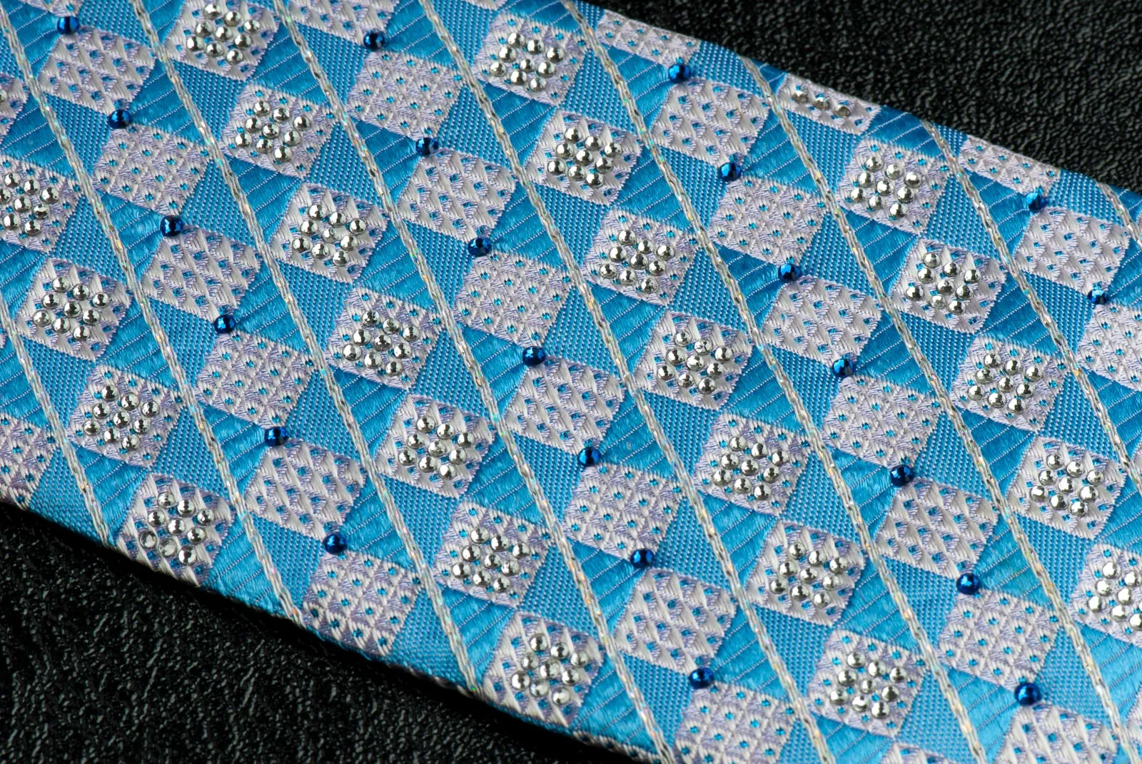 Daks Silk Neck Tie Blue & White Checks With Silver Highlights & Rhinestones