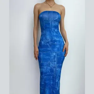 Denim print contrast backless tube maxi dress - Final Sale