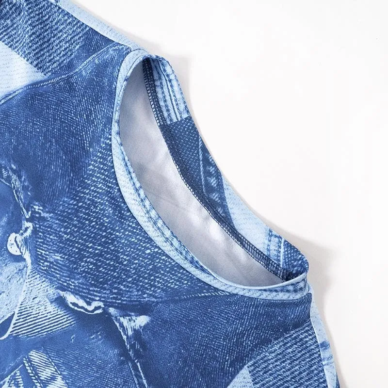 Denim print long sleeve contrast crewneck slit midi dress