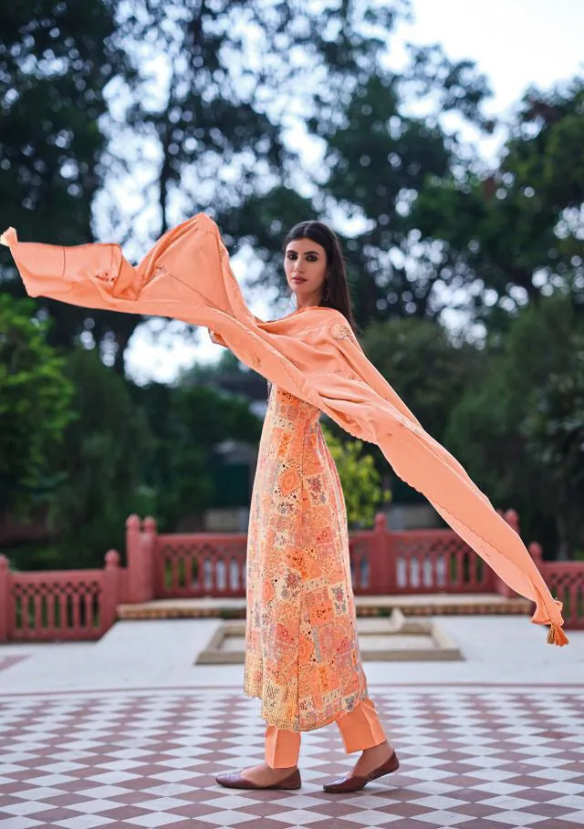Designer Orange Unstitched Jam Cotton Dress materials For Ladies