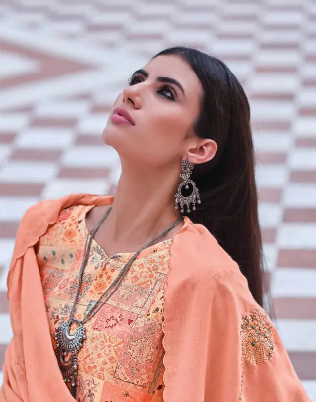 Designer Orange Unstitched Jam Cotton Dress materials For Ladies