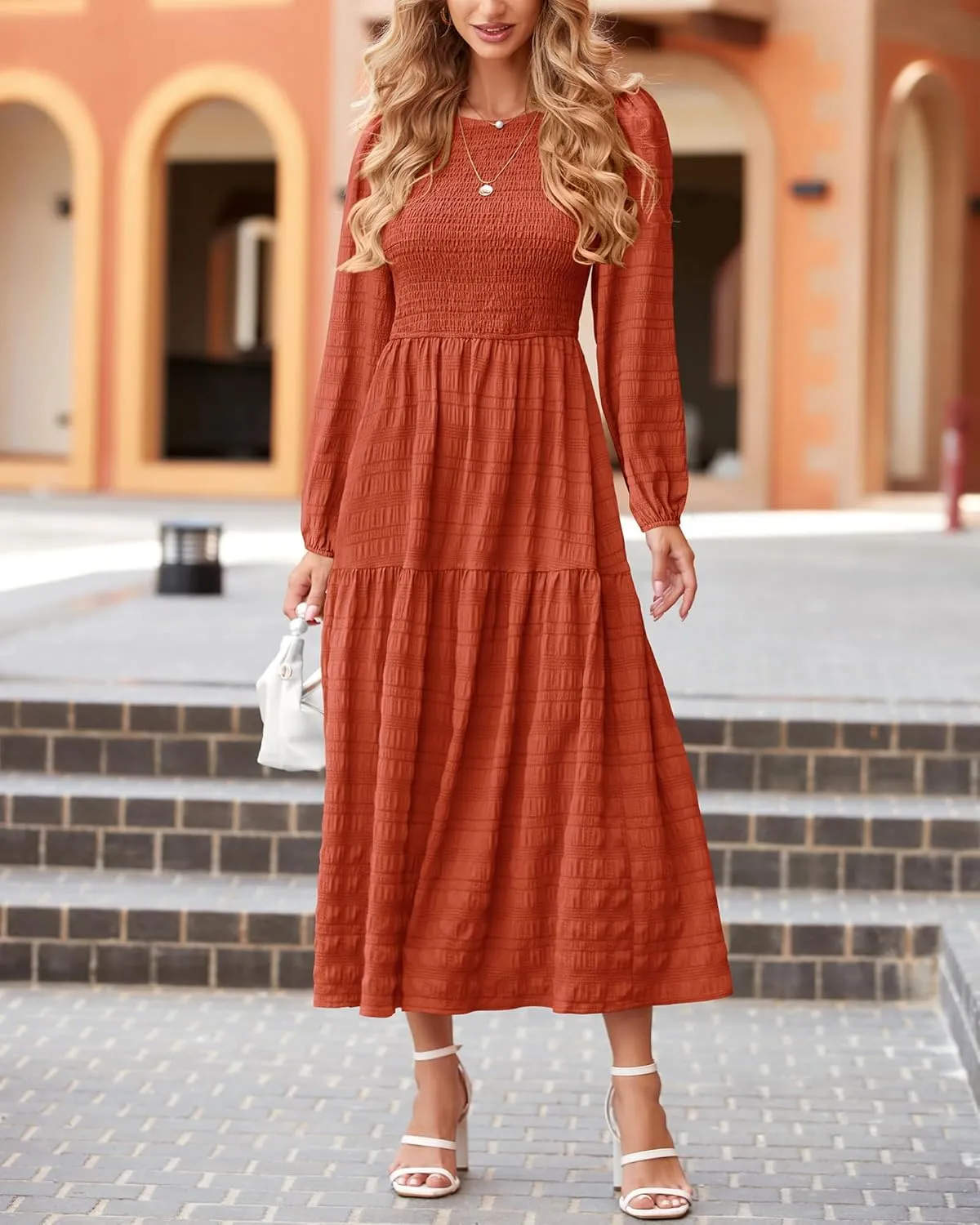dowerme Women's Dresses 2025 Fall Puff Long Sleeve Crewneck Smocked Tiered Flowy A-Line Boho Wedding Party Maxi Dress