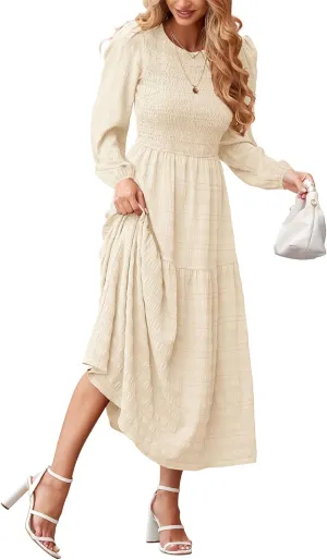 dowerme Women's Dresses 2025 Fall Puff Long Sleeve Crewneck Smocked Tiered Flowy A-Line Boho Wedding Party Maxi Dress
