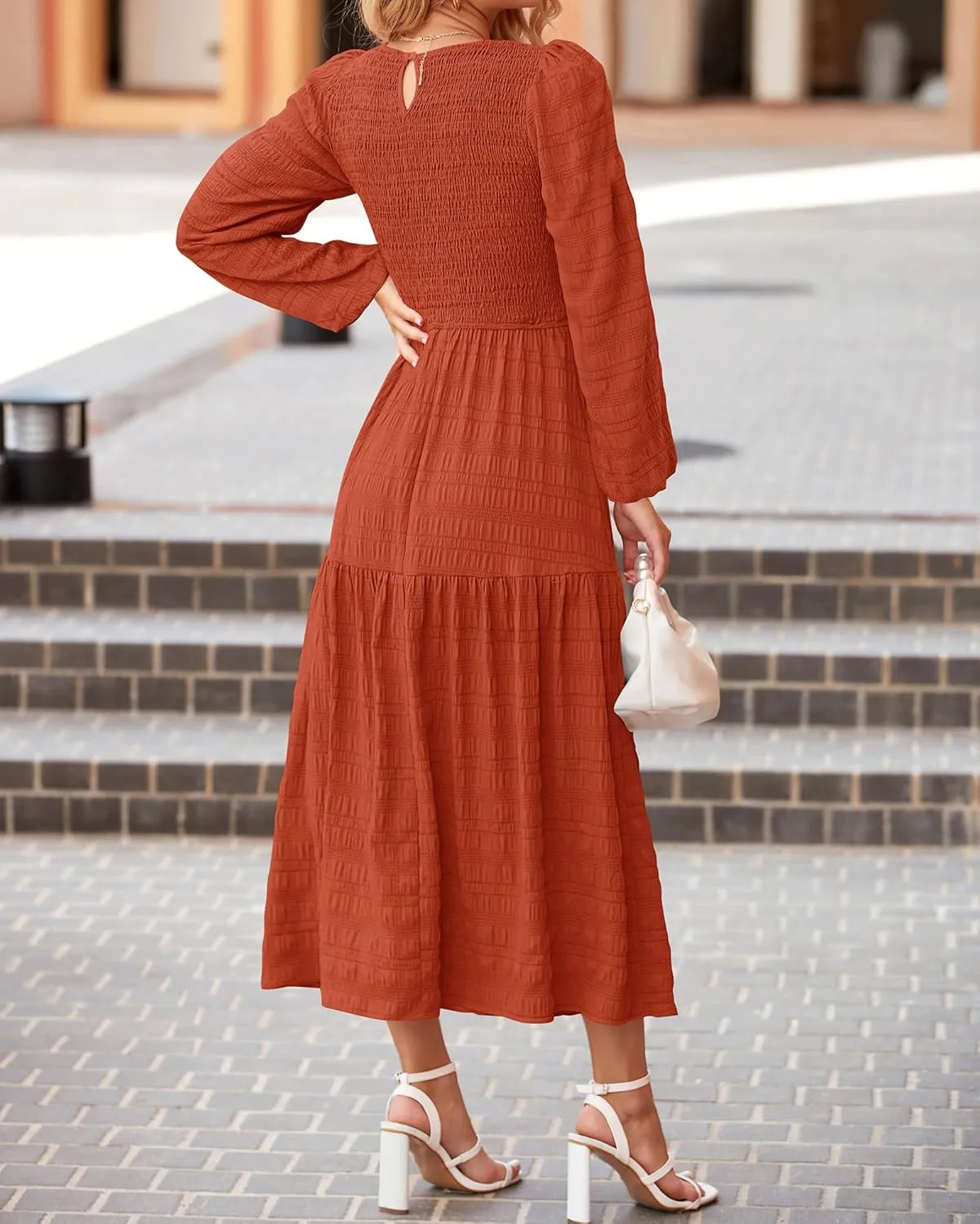 dowerme Women's Dresses 2025 Fall Puff Long Sleeve Crewneck Smocked Tiered Flowy A-Line Boho Wedding Party Maxi Dress