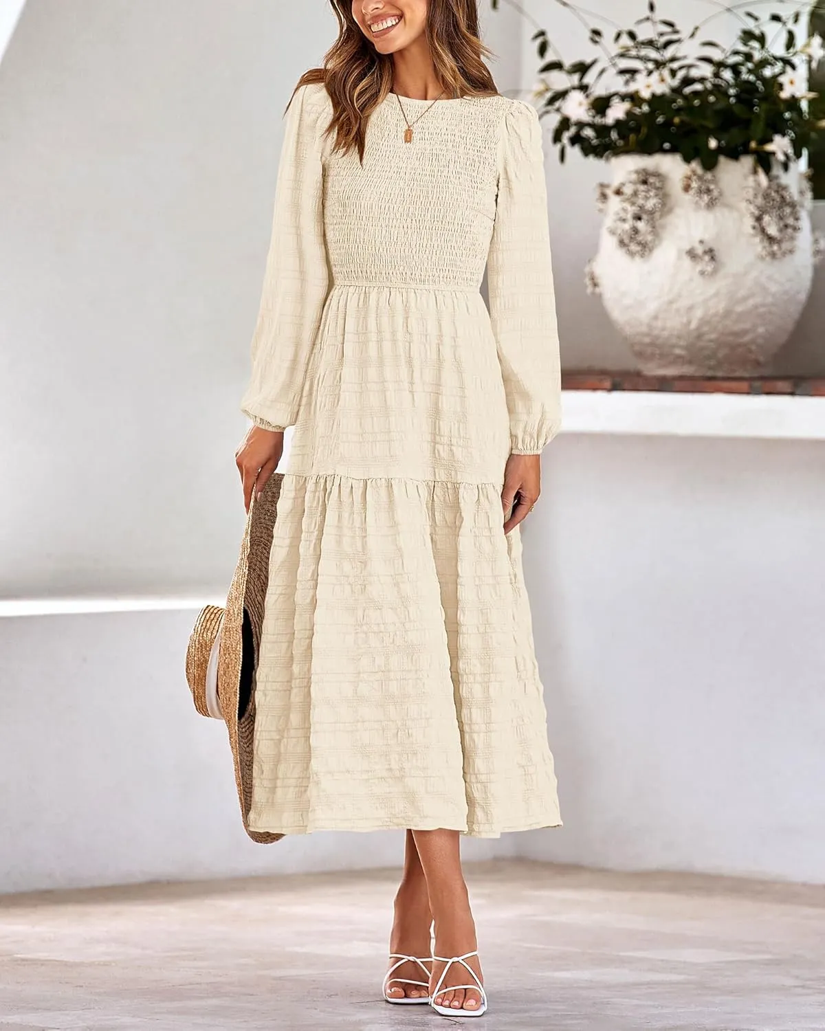 dowerme Women's Dresses 2025 Fall Puff Long Sleeve Crewneck Smocked Tiered Flowy A-Line Boho Wedding Party Maxi Dress