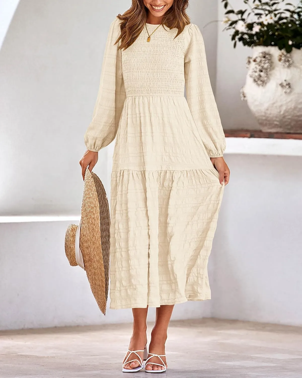 dowerme Women's Dresses 2025 Fall Puff Long Sleeve Crewneck Smocked Tiered Flowy A-Line Boho Wedding Party Maxi Dress