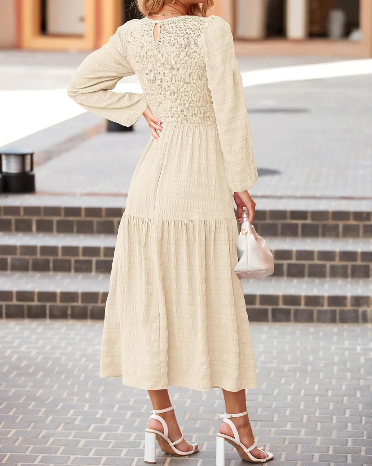 dowerme Women's Dresses 2025 Fall Puff Long Sleeve Crewneck Smocked Tiered Flowy A-Line Boho Wedding Party Maxi Dress