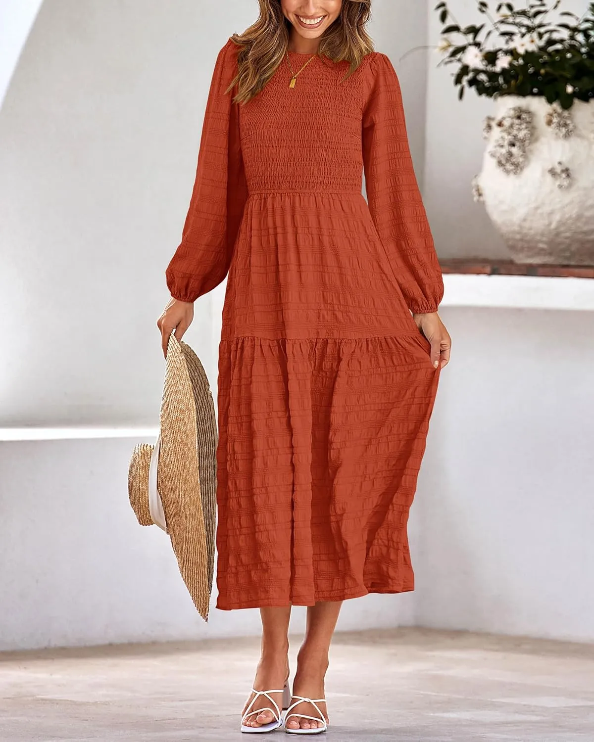 dowerme Women's Dresses 2025 Fall Puff Long Sleeve Crewneck Smocked Tiered Flowy A-Line Boho Wedding Party Maxi Dress