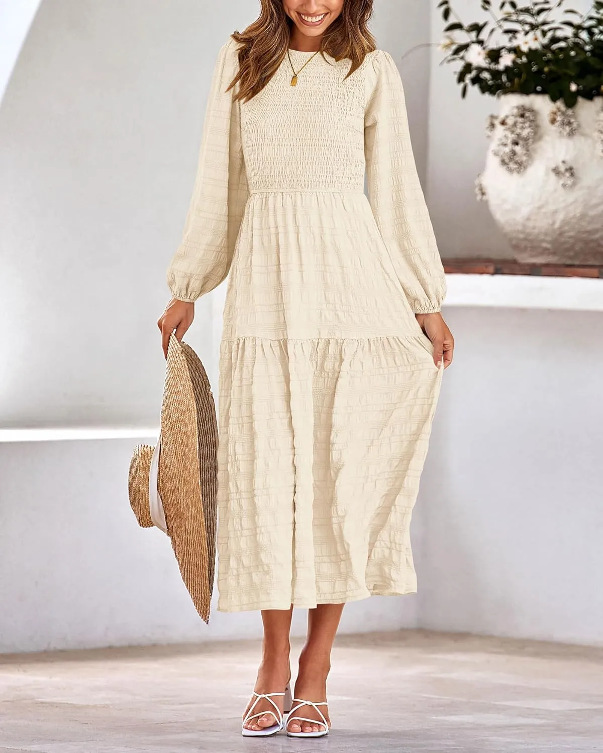 dowerme Women's Dresses 2025 Fall Puff Long Sleeve Crewneck Smocked Tiered Flowy A-Line Boho Wedding Party Maxi Dress