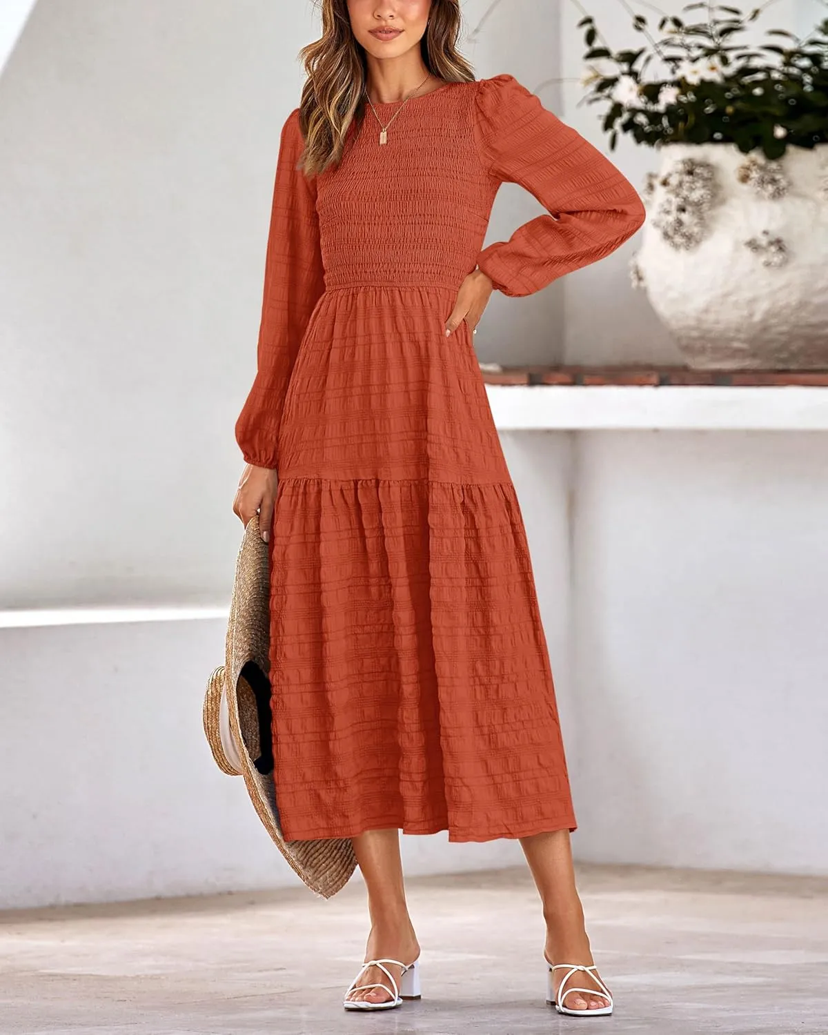 dowerme Women's Dresses 2025 Fall Puff Long Sleeve Crewneck Smocked Tiered Flowy A-Line Boho Wedding Party Maxi Dress