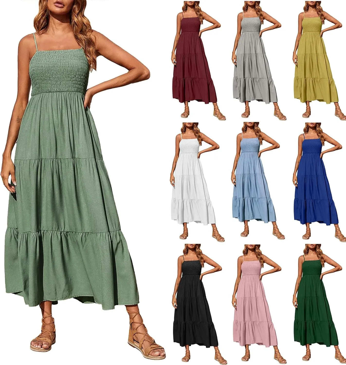 Dresses for Women 2024 Casual Bohemian Spaghetti Strap Smocked Tiered Long Beach Dresses Sleeveless Maxi Dress