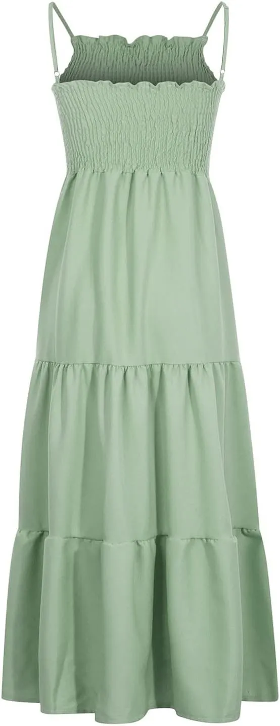 Dresses for Women 2024 Casual Bohemian Spaghetti Strap Smocked Tiered Long Beach Dresses Sleeveless Maxi Dress