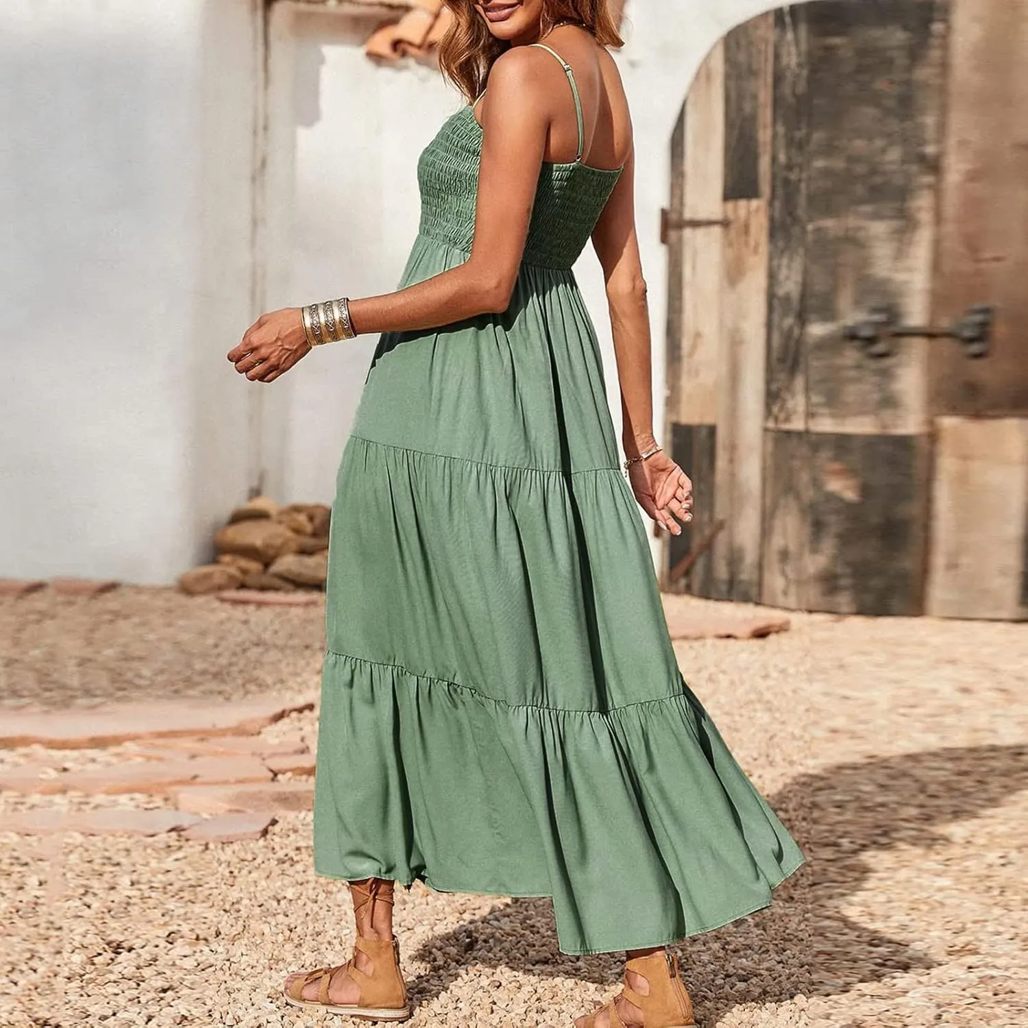 Dresses for Women 2024 Casual Bohemian Spaghetti Strap Smocked Tiered Long Beach Dresses Sleeveless Maxi Dress