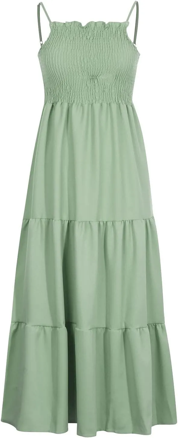 Dresses for Women 2024 Casual Bohemian Spaghetti Strap Smocked Tiered Long Beach Dresses Sleeveless Maxi Dress
