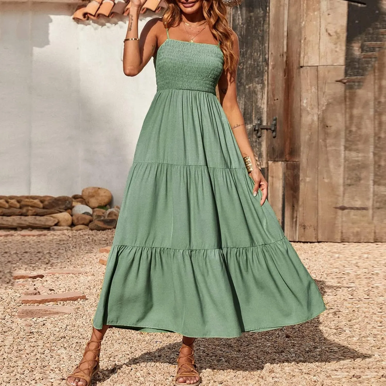 Dresses for Women 2024 Casual Bohemian Spaghetti Strap Smocked Tiered Long Beach Dresses Sleeveless Maxi Dress