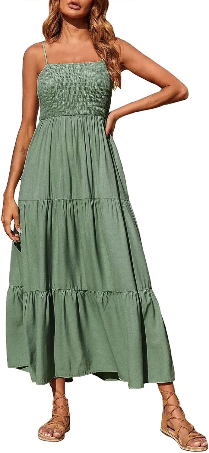 Dresses for Women 2024 Casual Bohemian Spaghetti Strap Smocked Tiered Long Beach Dresses Sleeveless Maxi Dress