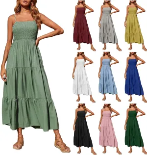 Dresses for Women 2024 Casual Bohemian Spaghetti Strap Smocked Tiered Long Beach Dresses Sleeveless Maxi Dress