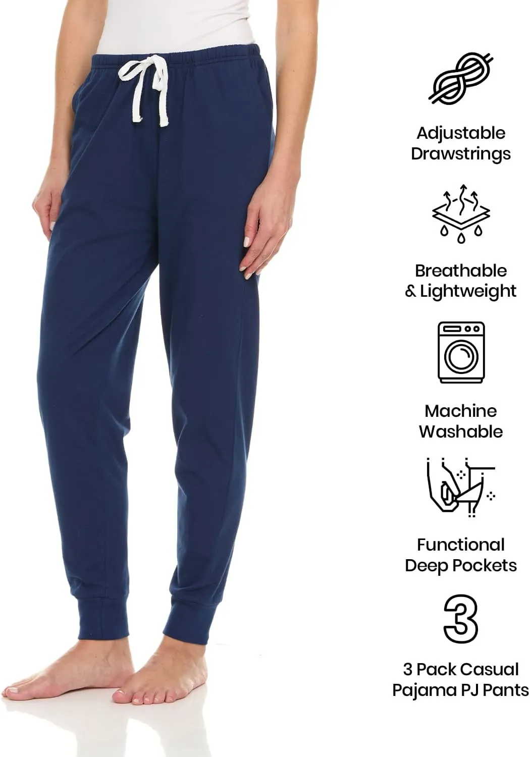 Essential Elements 3 Pack: Womens Cotton Joggers - 100% Cotton Lounge Athletic Casual Sleep Casual Pajama PJ Pants Sweatpants